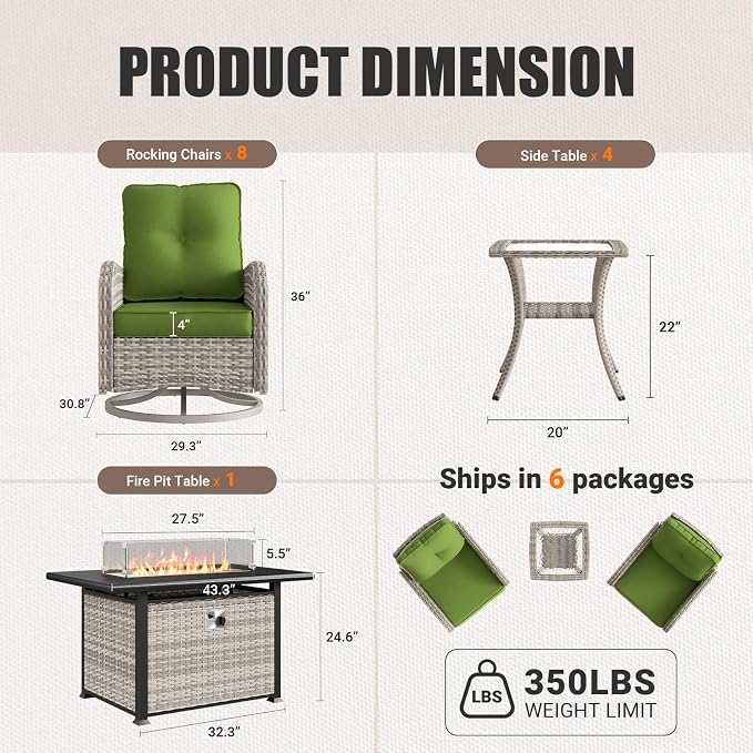 13Pcs Patio Rocking Swivel Chair with 55,000 BTU Fire Pit Table Outdoor Wicker Rattan Bistro Set with Tempered Glass Side Table, Patio Furniture Set for Garden and Balcony, Avocado Green