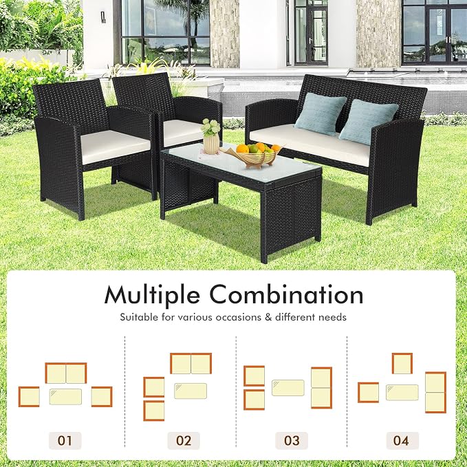 DORTALA 4 Pieces Patio Wicker Conversation Furniture Set, Outdoor Rattan Sofas with Bistro Sets with Coffee Table for Courtyard Balcony Wicker Chairs with Soft Cushion and Table, White