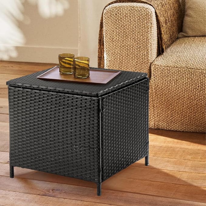 20.8in Outdoor PE Wicker Side Table,Square Patio Rattan End Table,Outside Storage Bin Container,All-Weather Small Storage Box Tables,with Lid,for Garden Porch Poolside Deck Backyard (Black)