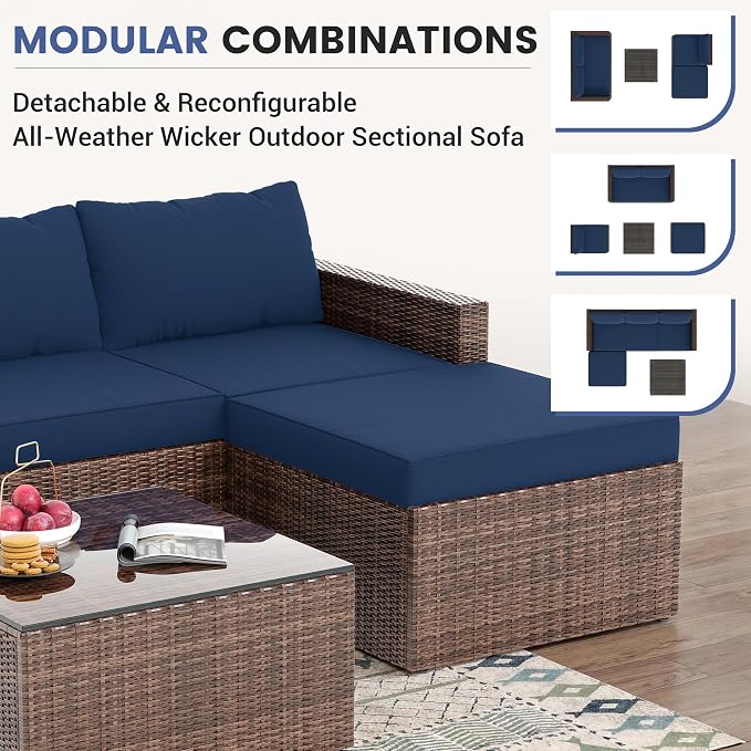 UDPATIO 5 Piece Patio Furniture Set, All-Weather Wicker Outdoor Sectional Sofa,Rattan L Shaped Outdoor Conversation Patio Sectional with Ottoman, Glass Table for Balcony Porch Backyard,Navy Blue