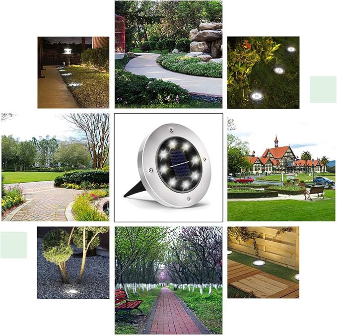 INCX 24 Pack 4.6 Inch Solar Ground Lights Outdoor, Waterproof, Cold White | 8 LEDs, 600mAh Ni-MH battery, 8-10 hr runtime, stainless steel and ABS body, garden lights for pathways, lawns and driveways
