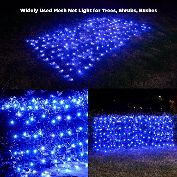 Led Net Lights Christmas Lights Outdoor 200Leds 9ft x 6ft Upgraded Blue Christmas Net Lighting, Waterproof 5mm LED Wide Angle Outdoor Indoor Mesh Net Light for Trees, Bushes, Shrubs Decorations