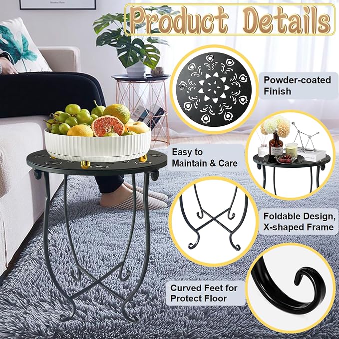 Outdoor Side Table, 14-inch Small Round Metal Patio Table with Flower Cut-Out Design, Set of 2 Modern Rust-Proof Portable End Table Patio Side Table for Outside Garden Balcony Yard & Indoor Use