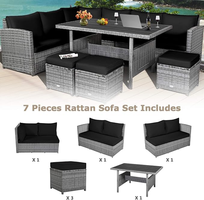 Tangkula 7 Pieces Patio Furniture Set, Outdoor Sectional Rattan Sofa Set with Cushions, All Weather Wicker Conversation Couch Set w/Dining Table & Ottomans for Backyard Garden Poolside, Black