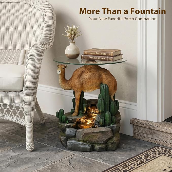 Camel & Cacti Side Table with 4-Tier LED Waterfall Resin Sculpture End Table Glass Top Indoor Outdoor for Patio Garden Living Room