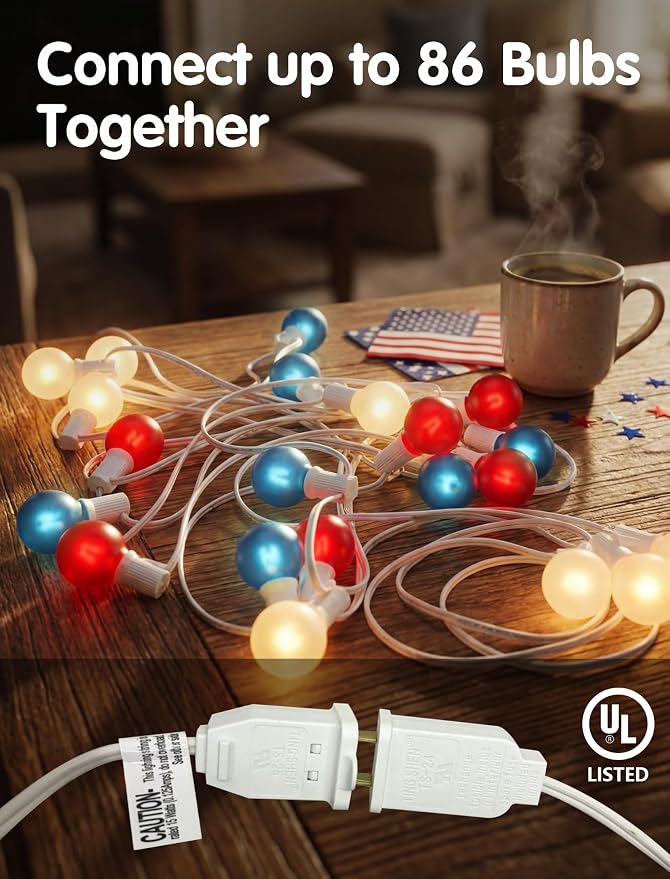 SUNSGNE 25FT G40 Red White and Blue String Lights Outdoor, Frosted Globe 4th of July Lights, Waterproof Connectable Patriotic Light for July 4th Independence Day, Memorial Day