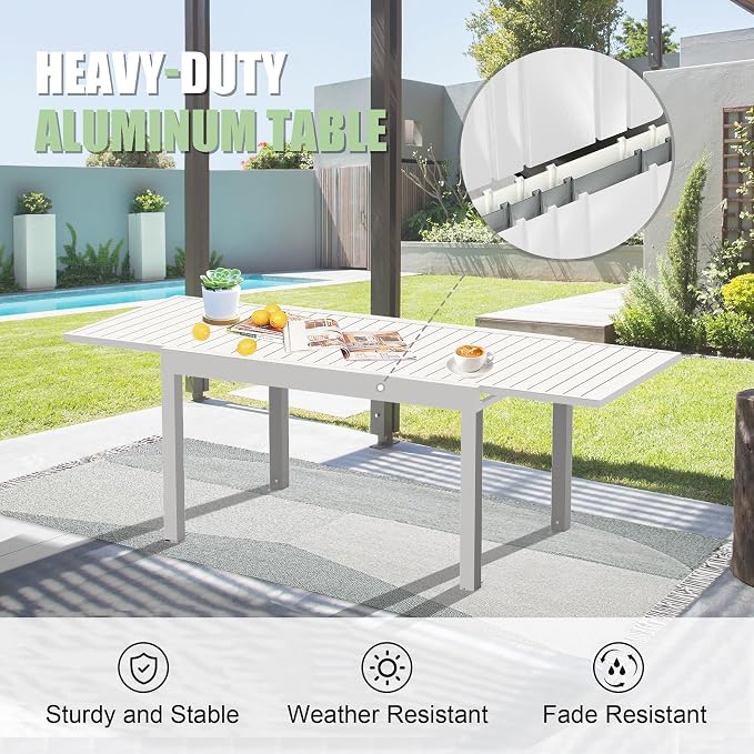 Aluminum Patio Extendable Dining Table 35" 71", Adjustable Indoor Outdoor Patio Dining Table with E Coating for 4 6 Person GLawn Porch Furniture, Elegant Ivory White