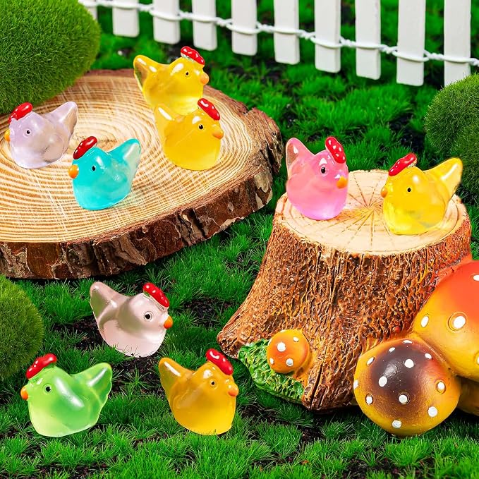128PCS Luminous Mini Resin Chickens Tiny Chickens for Micro Garden | Miniature Chickens Animals Figurines Glow in The Dark, Micro Landscape DIY, Home Outdoor Party Decor