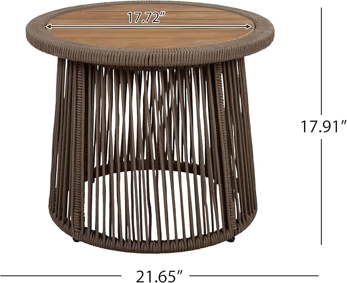 Conical Dark Beige Rope Side Table, Teak Finish Acacia Wood Top, 150 lbs Capacity, No Assembly Required, Modern Open-Weave Round Accent Table for Patio Backyard Living Room