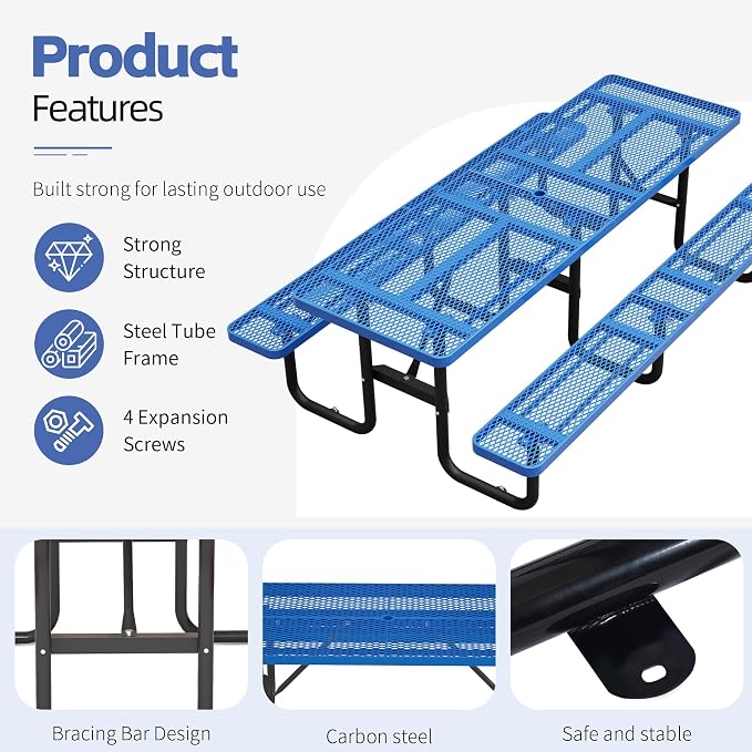 96" Rectangular Metal Picnic Table, Commercial Steel Picnic Tables with 1.96" Umbrella Hole, Heavy Duty Picnic Tables for Outdoor Garden Courtyard BBQ, Blue