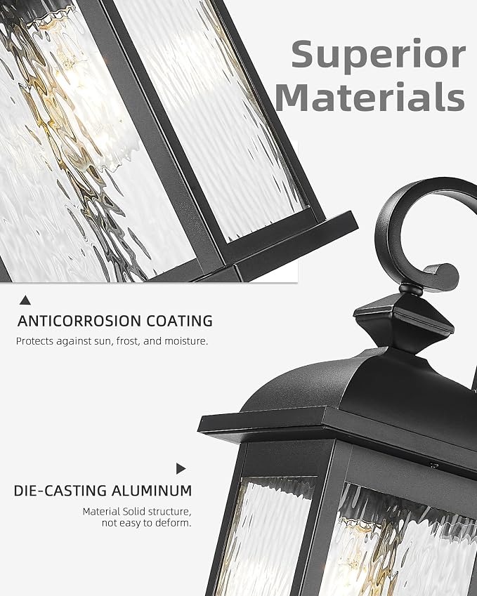 FEMILA 21" Outdoor Wall Light Fixture, Rust-Proof Outdoor Wall Light, Ideal for Porch, Patio, Entryway, Garage, with Water Ripple Glass, UL Listed, 4FD54B2 BK-WP