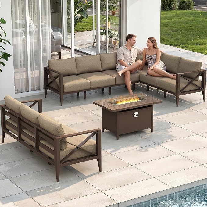 Patio Furniture Set with Fire Pit Table Outdoor Sectional Sofa Conversation Set for Backyard Deck Garden Seating