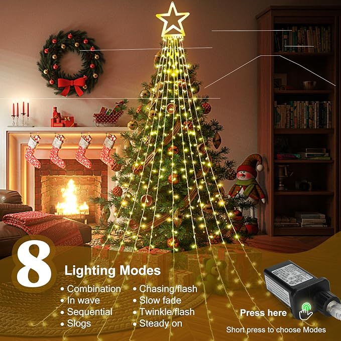 Christmas Lights, 320 LED String Lights with 12" Plastic Star Tree Topper, 8 Modes Outdoor Waterproof Christmas New Year Parties, Yard, Garden, Home Decor (Warmwhite)