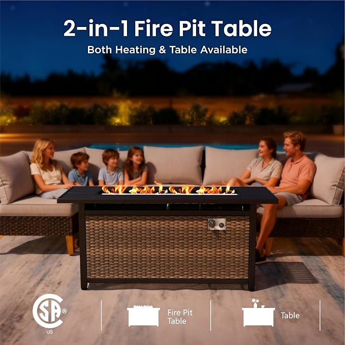 PHI VILLA 7-Piece Half Moon Patio Furniture Set with 56" Fire Pit Table, Outdoor Wicker Sectional Sofa with Thick Beige Cushions, Large Curved Conversation Seating for Garden or Backyard