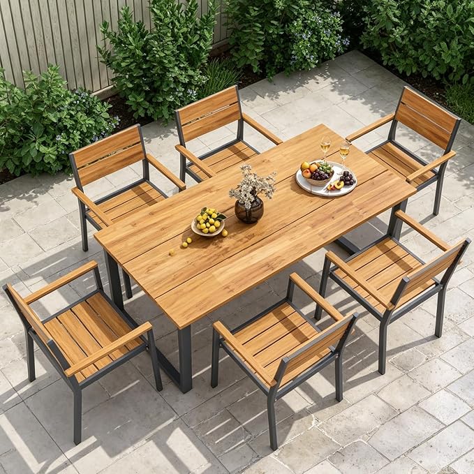 COSTWAY Outdoor Dining Set for 6, 63’’ x 32’’ Acacia Wood & Metal Patio Dining Table with 2'' Umbrella Hole, 6 Stackable Chairs, Ergonomic Armrests, 7 Pieces Dining Set for Backyard, Deck, Patio