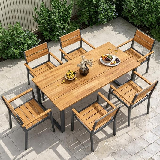 COSTWAY Outdoor Dining Set for 6, 63’’ x 32’’ Acacia Wood & Metal Patio Dining Table with 2'' Umbrella Hole, 6 Stackable Chairs, Ergonomic Armrests, 7 Pieces Dining Set for Backyard, Deck, Patio