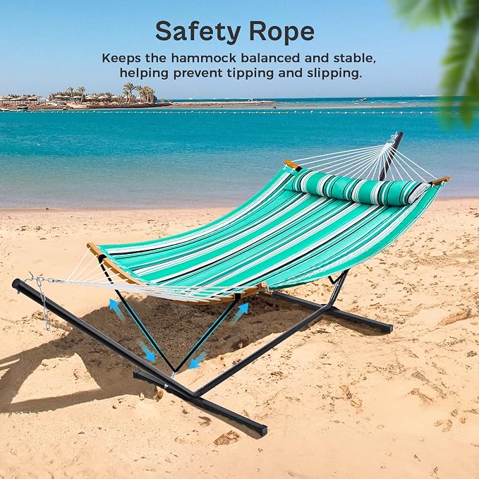 SUPERJARE Hammock with Stand, 2 Person Heavy Duty Hammock with Padded Cotton, Detachable Pillow & Strong Curved-Bar & Portable Carrying Bag, Perfect for Outdoor & Indoor, Mint Green with Stripes