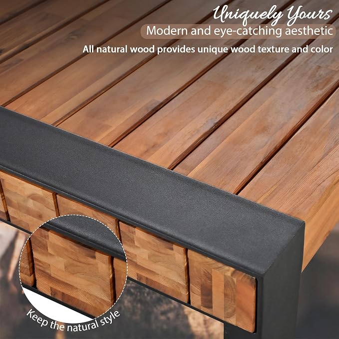 3 piece Outdoor Dining Table with 2 Benches, Space Saving Dining Room Table with Unique Top Texture, Acacia Wood Top & Steel Frame, All Weather Use for Outdoor & Indoor, Acacia Wood Color