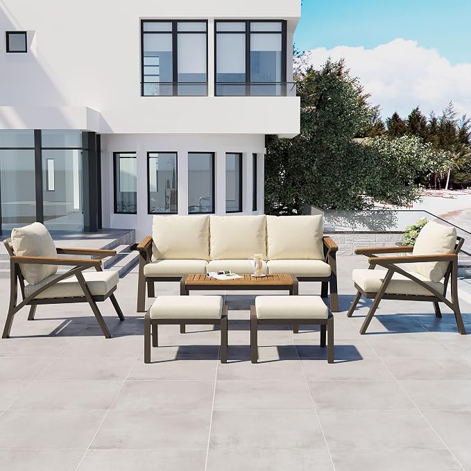 6-Piece Outdoor Patio Furniture Set, All Weather Conversation Set, Steel Frame Sofa Set with 3-Seat Couch, 2 Armchairs, 2 Ottomans & Acacia Wood Coffee Table for Backyard Garden (Beige-3.27)