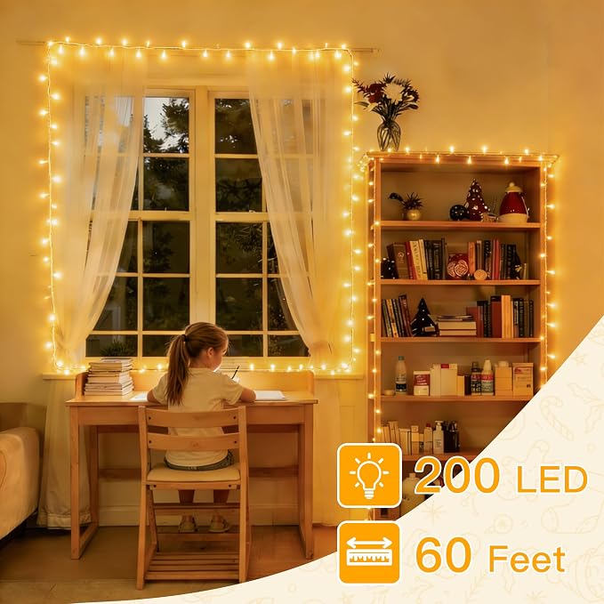 Ollny Christmas Lights 200LED 60FT Indoor, Warm White Connectable Plug in String Light Outdoor, 8 Modes Waterproof Timer LED Fairy Lights for House Outside Bedroom Patio Balcony