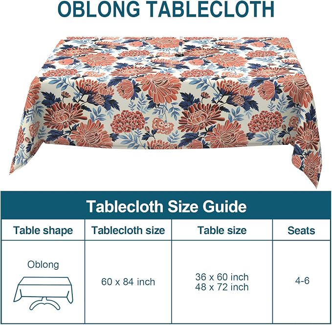 DYTXIII Outdoor Rectangle Tablecloth with Umbrella Hole and Zipper 84" x 60", Water Repellent Floral Picnic Cover, Fade & Wrinkle Resistant Tablecloth for Patio/Garden/Party Table, Red Chrysanthemum