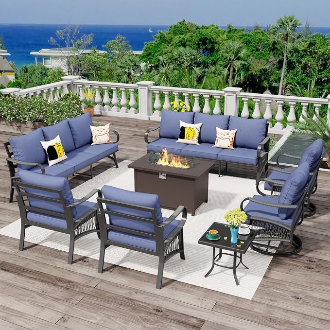 8 Piece Patio Furniture Set, All Weather Metal Outdoor Conversation Set with 50000 BTU Propane Fire Pit Table, 3 Seat Sofa, 2 Swivel Chairs and 5" Cushions for Garden, Porch, Lawn, Blue