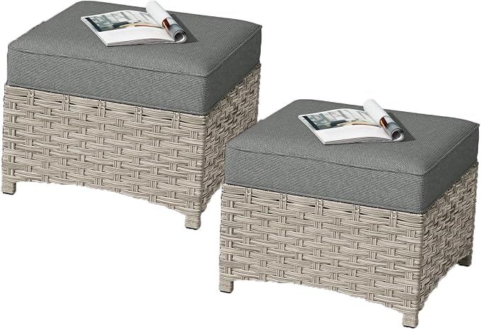 HOOOWOOO 2 Piece Patio Ottoman Set,Outdoor Wicker Ottomans,All Weather Resistant Rattan Deck Ottoman Matching Furniture(Dark Grey Gray)