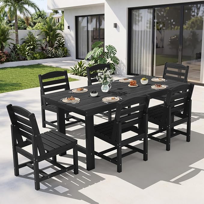 KINGYES 7-Piece Patio Dining Set, HDPE Table and Armless Chairs Outdoor Furniture Set with Umbrella Hole, Black
