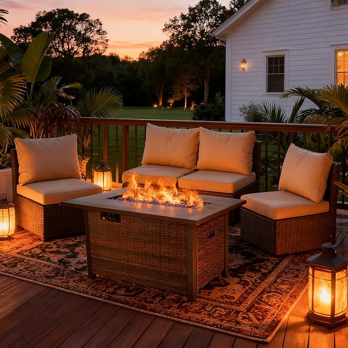 5 Pieces Patio Furniture Set with 42" Fire Pit Table, Outdoor Patio Sectional Sofa, Wicker Rattan Conversation Set, Beige