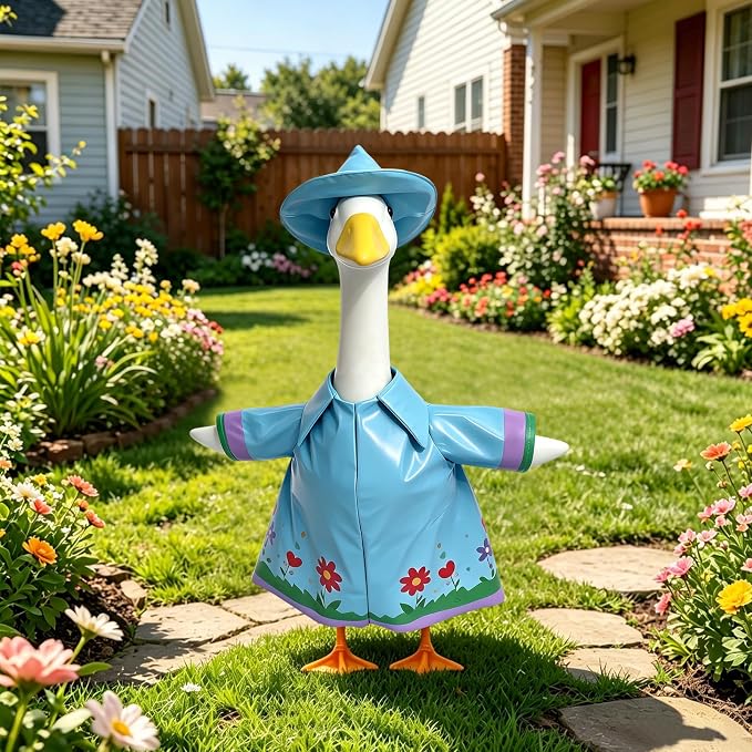 3 Pcs/Set Floral Raincoat Porch Goose Outfits: Blue Lawn Goose Statue Rain Coat Costume with Umbrella Hat - Summer Yard Goose Clothes for 23 Inch Goose Statue - Patio Garden Porch Lawn Outdoor Decor