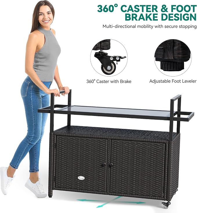 YITAHOME Large Outdoor Kitchen Wicker Island Rolling Cart, Patio Bar Table with Thickened Frame, Patio Storage Cabinet w/Wheels and Black Glass Table Top Backyard and Poolside Dark Brown