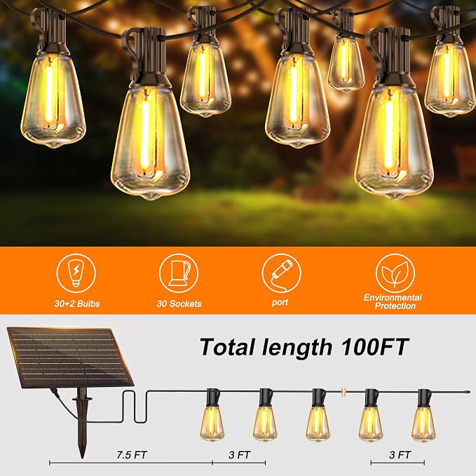 BLIATLUS 100FT Solar String Lights, Waterproof Outdoor with Remote 30+2 ST38 LED for Porch Fence