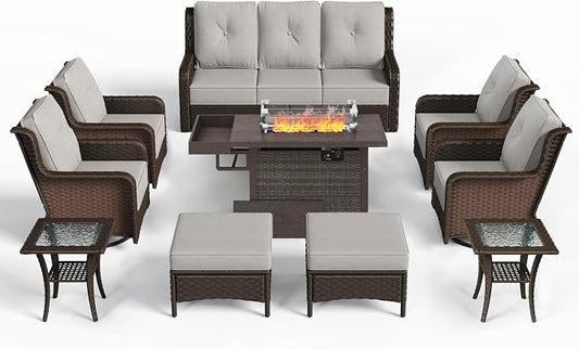 Sundale Outdoor Wicker Patio Furniture Set with Fire Pit, 10 Piece Outdoor Furniture Set with Swivel Chairs, Couch & Ottoman, High Back Patio Conversation Sets with 6" Cushions for Yard, Deck (Grey)