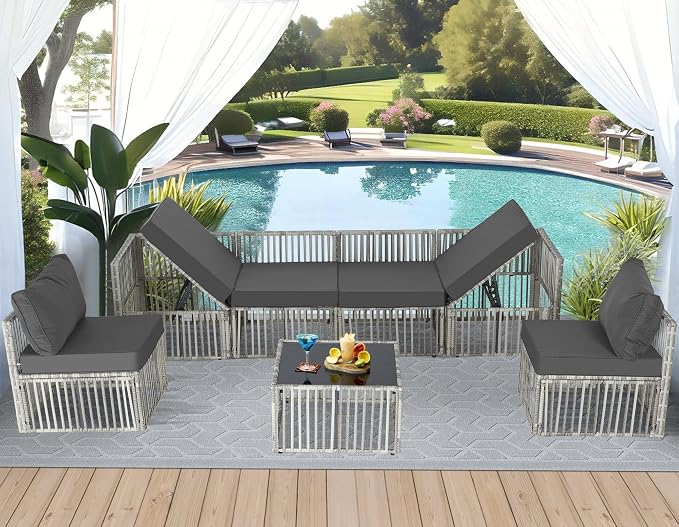 FHFO 7 Piece Outdoor Wicker Patio Furniture Set, Grey/Dark Grey | Sectional Sofa | All-Weather Hand-Woven Rattan | Tempered Glass Coffee Table | Adjustable Backrest | Indoor & Outdoor Use