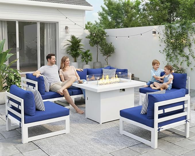 BULEXYARD 6 Seat L-Shaped Large Modern Aluminum Patio Furniture Set, All Weather Modular Sectional Sofa with Fire Pit Table, 500 lbs Heavy Duty Comfortable Outdoor Couch for Backyard Deck, Navy Blue