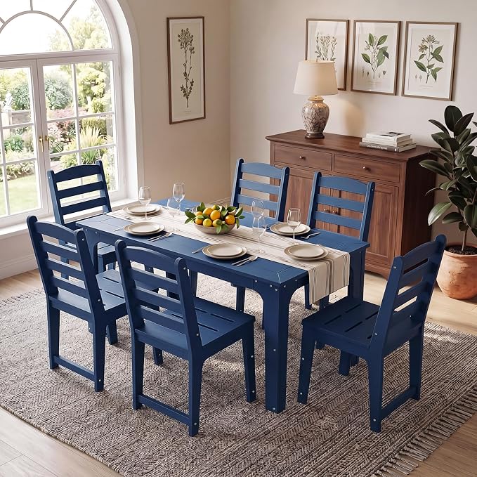 HDPE Outdoor Patio Dining Chair All Weather Resistant Set of 2, Blue | Slatted Back Dining Armless Chair, Weatherproof Outdoor Side Chair Patio Furniture for Poolside Garden Backyard Deck Indoor