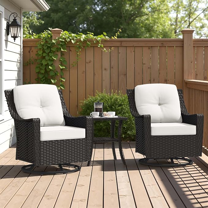 3 Pieces Patio Swivel Chairs & Side Table, Patio Wicker Chairs with Water-Resistant Cushion for Porch Outdoor PE Rattan Furniture Set