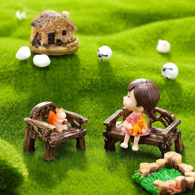 Skylety 12 Pieces Garden Furniture Ornaments Miniature Table and Chairs Set Village Micro Resin Bench Chair for Fairy Garden Accessories Home Micro Landscape Decor(Vintage Style)