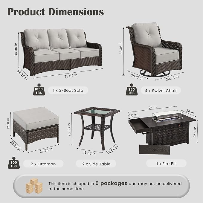 Sundale Outdoor Wicker Patio Furniture Set with Fire Pit, 10 Piece Outdoor Furniture Set with Swivel Chairs, Couch & Ottoman, High Back Patio Conversation Sets with 6" Cushions for Yard, Deck (Grey)