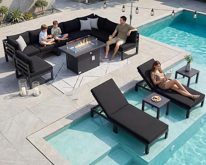 NICESOUL 13 Piece Large Modern Aluminum Outdoor Patio Furniture Set with Lounge & Fire Pit Table, 29" Wide Deep Seating, Fade Resistant Sectional Sofa, 500 lbs Heavy Duty Deck Conversation Set, Black