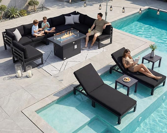 NICESOUL 13 Piece Large Modern Aluminum Outdoor Patio Furniture Set with Lounge & Fire Pit Table, 29" Wide Deep Seating, Fade Resistant Sectional Sofa, 500 lbs Heavy Duty Deck Conversation Set, Black