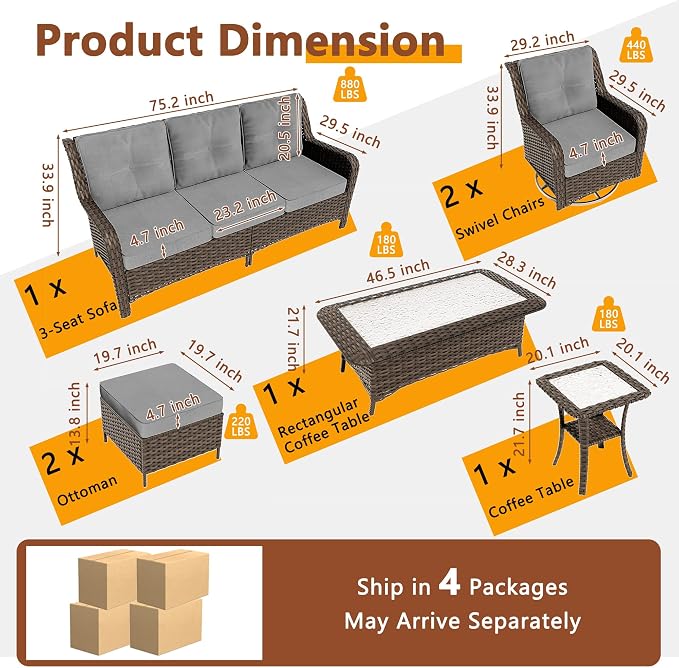 Gotland 7-Pcs Patio Conversation Set, Outdoor Thick Wicker Sectional Sofas with 2 Swivel Rocker Chairs, High Back Sectional Couch, Outdoor Furniture Set for Backyard, Deck, Porch, Grey