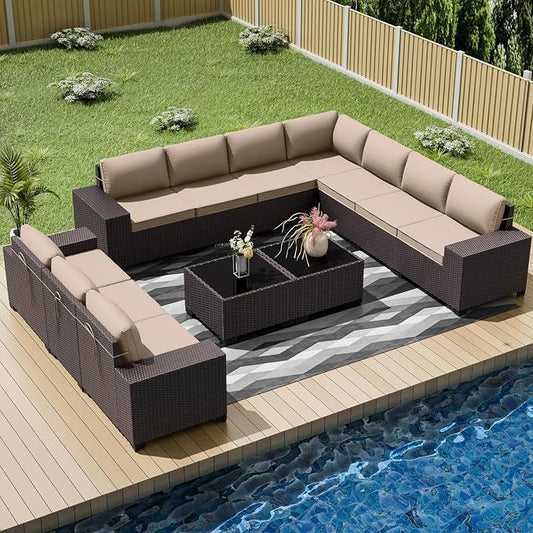 12 PCS Outdoor Patio Furniture Set,Outdoor Sectional Furniture All Weather PE Rattan Wicker Patio Conversation Set with 2 Coffee Tables and 10 Thickened Cushions,Sand