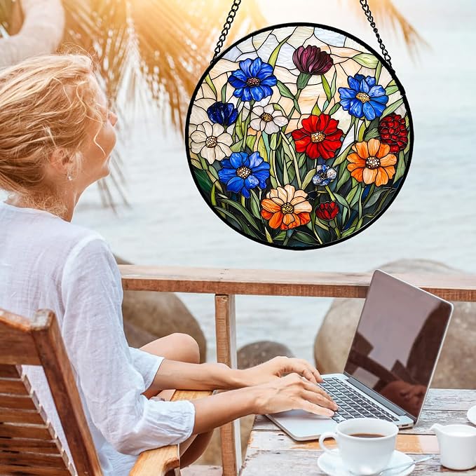 Stained Glass Suncatcher, Colorful Flowers Green Leaf Sun Catcher Landscape Stain Glass Window Hanging Decoration Mother's Day Birthday Gifts for Women Men Mom Nana 9.8 in