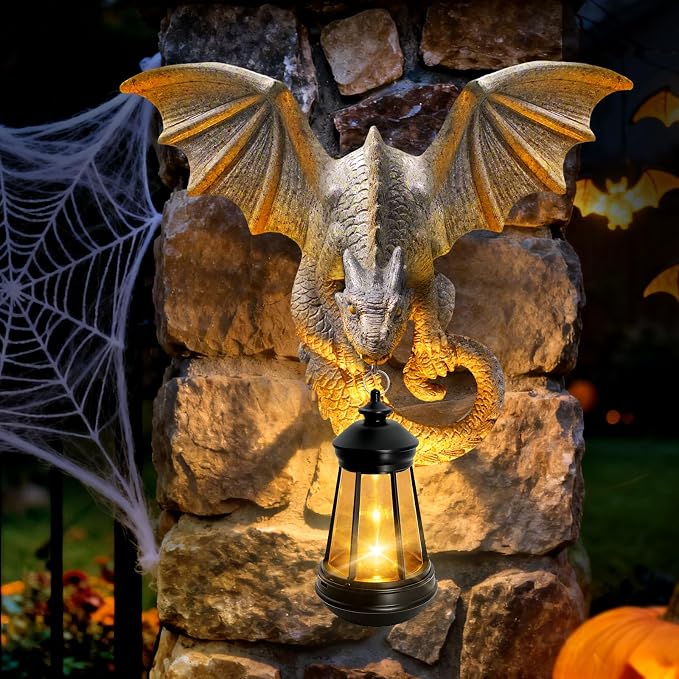 Dragon Tree Hugger Garden Statue - Resin Dragon Figurine Wall Hanger Sculptures Decor with Solar Lantern Lights, Outdoor Waterproof for Balcony Wall Porch Yard, Gifts for Mom Women Birthday