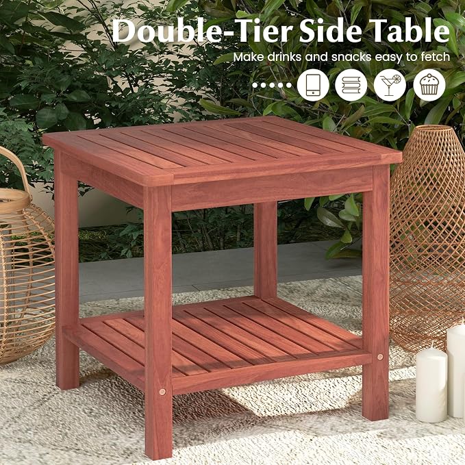 Tangkula Patio Side Table, Double-Tier Acacia Wood End Table, Slatted Tabletop & Shelf, Outdoor Small Side Table with Storage, Compact Wood Table for Backyard, Balcony (1, Natural)