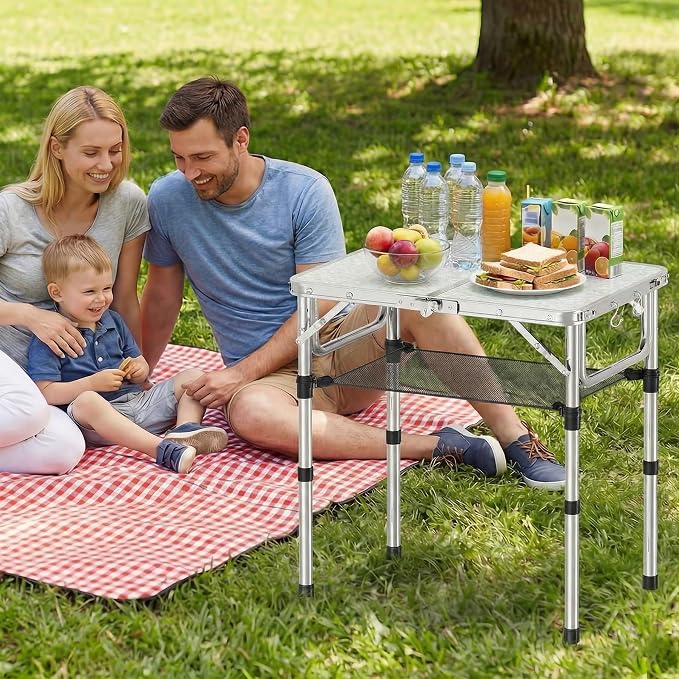 YihuiKo Small Folding Picnic Table with Storage Net, 3 Adjustable Heights 27.5" Aluminum Lightweight Portable Table with Carrying Handle for Camping Travel Indoor