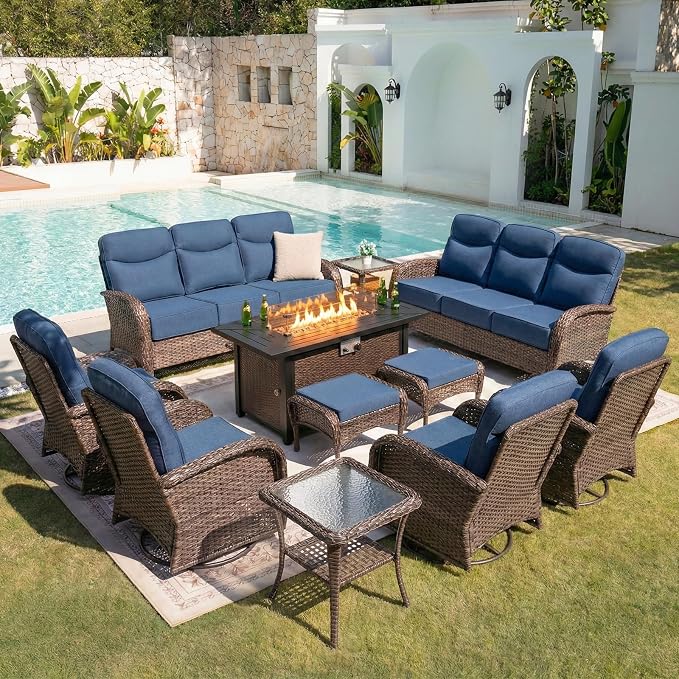 Belord Upgraded 6“ Cushion Luxury Patio Furniture Set with Fire Pit Table - 11 Piece Wicker Outdoor Furniture with High Back Swivel Rocker Patio Chairs, Conversation Set for Deck Porch - Brown/Blue