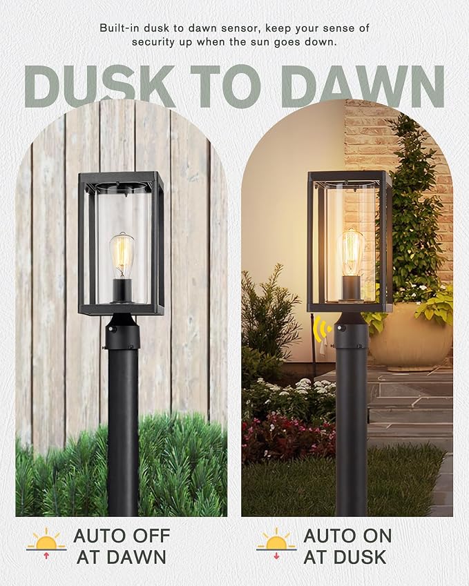 Beionxii Dusk to Dawn Outdoor Post Light,Waterproof Lamp Post Light Fixture | Anti-Rust Aluminum Lamp Posts Outdoor Lighting with Clear Glass for Coastal Pillars,Garden,Patio,Hardwired 120V,A291P-1PK/S-N