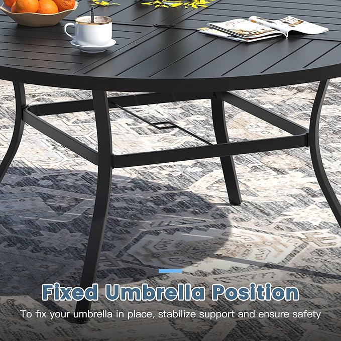 DIFY 63" Round Outdoor Patio Dining Table for 8-10, All-Weather Metal Steel Slatted Patio Table with 1.57" Adjustable Umbrella Hole for Garden, Backyard, Deck, Black